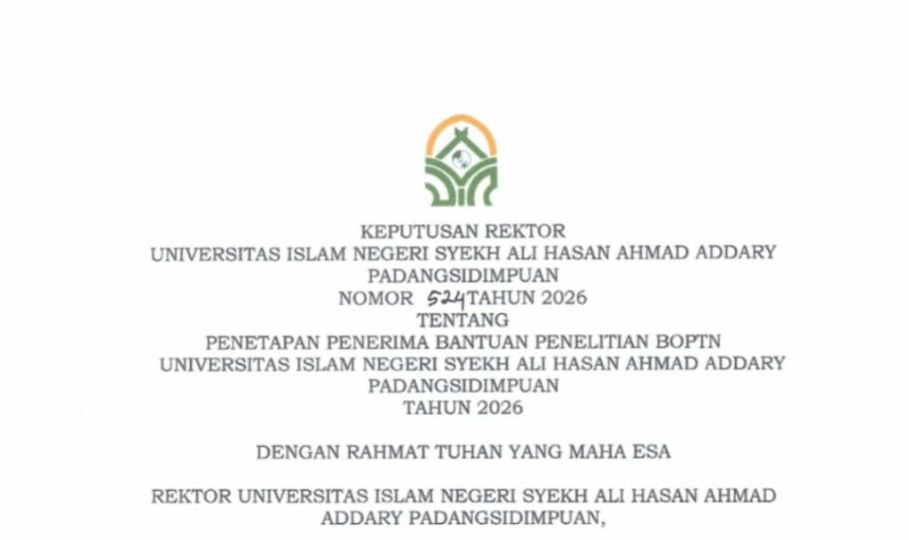 Penetapan Penerima Bantuan Penelitian BOPTN UIN Syekh Ali Hasan Ahmad Addary Padangsidimpuan Tahun 2026